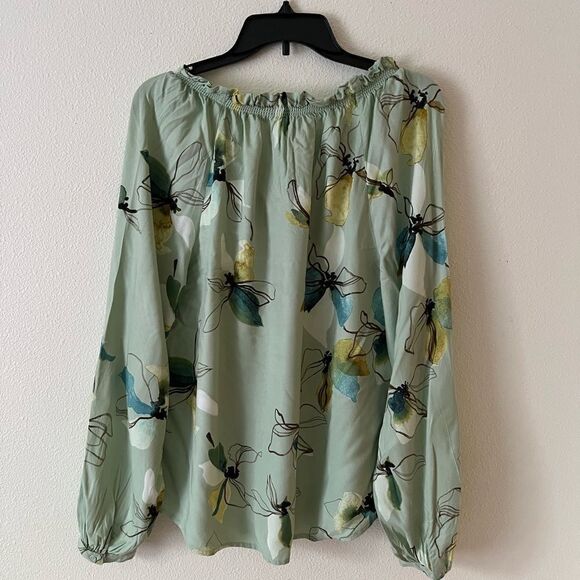 A New Day Light Green Floral Long Sleeve Blouse Medium - Picture 5 of 9